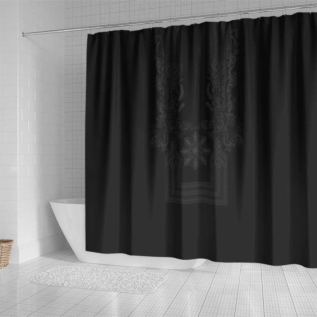 Philippines Barong Style Shower Curtain with Polynesian Art and Leaf Motif Black Color LT03 - Polynesian Pride