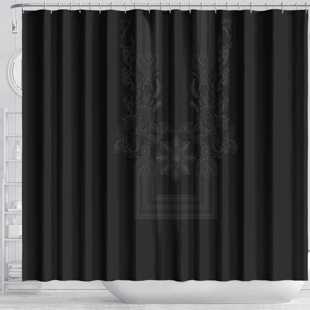 Philippines Barong Style Shower Curtain with Polynesian Art and Leaf Motif Black Color LT03 - Polynesian Pride