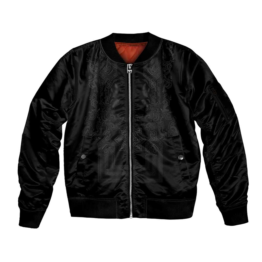 Philippines Barong Style Sleeve Zip Bomber Jacket with Polynesian Art and Leaf Motif Black Color