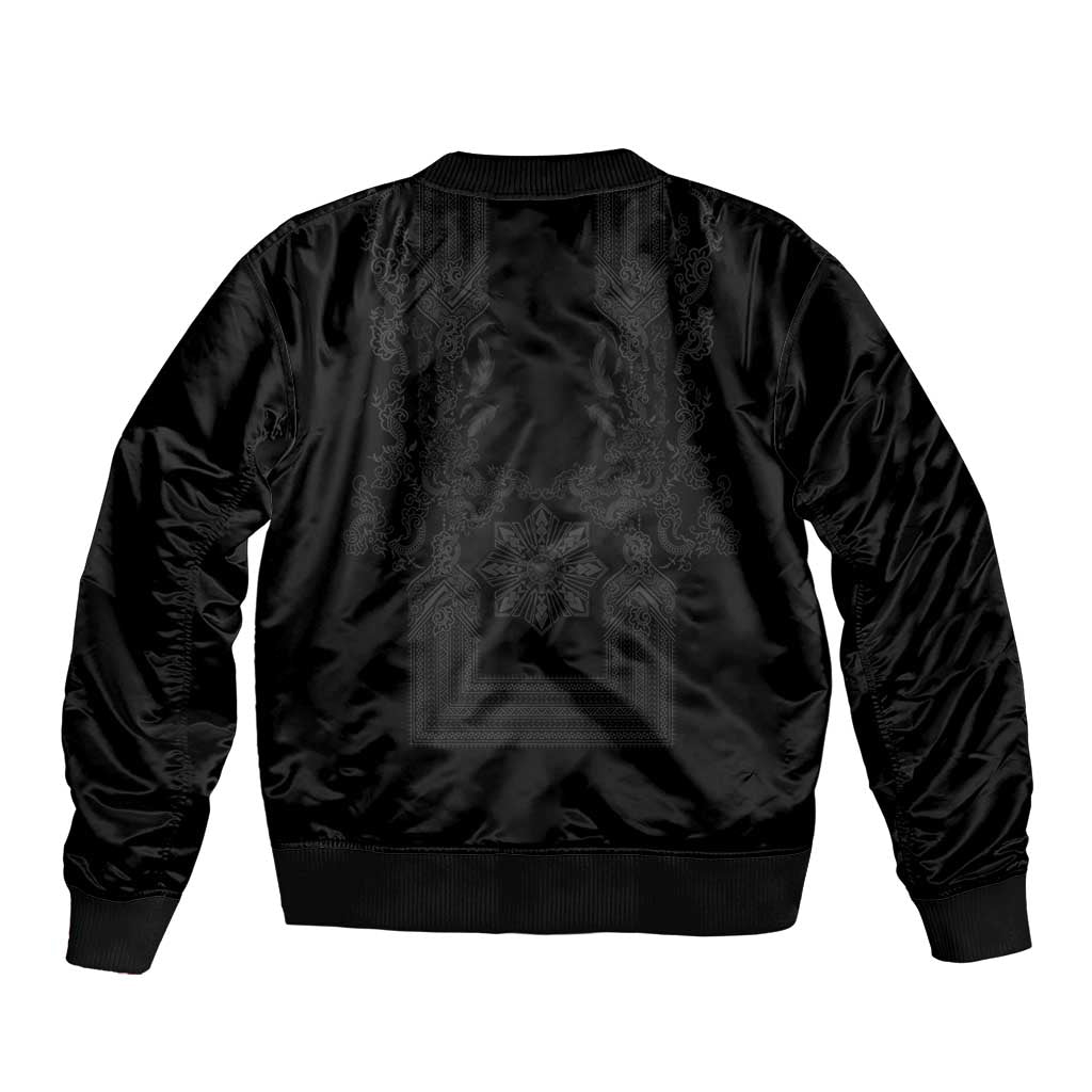 Philippines Barong Style Sleeve Zip Bomber Jacket with Polynesian Art and Leaf Motif Black Color