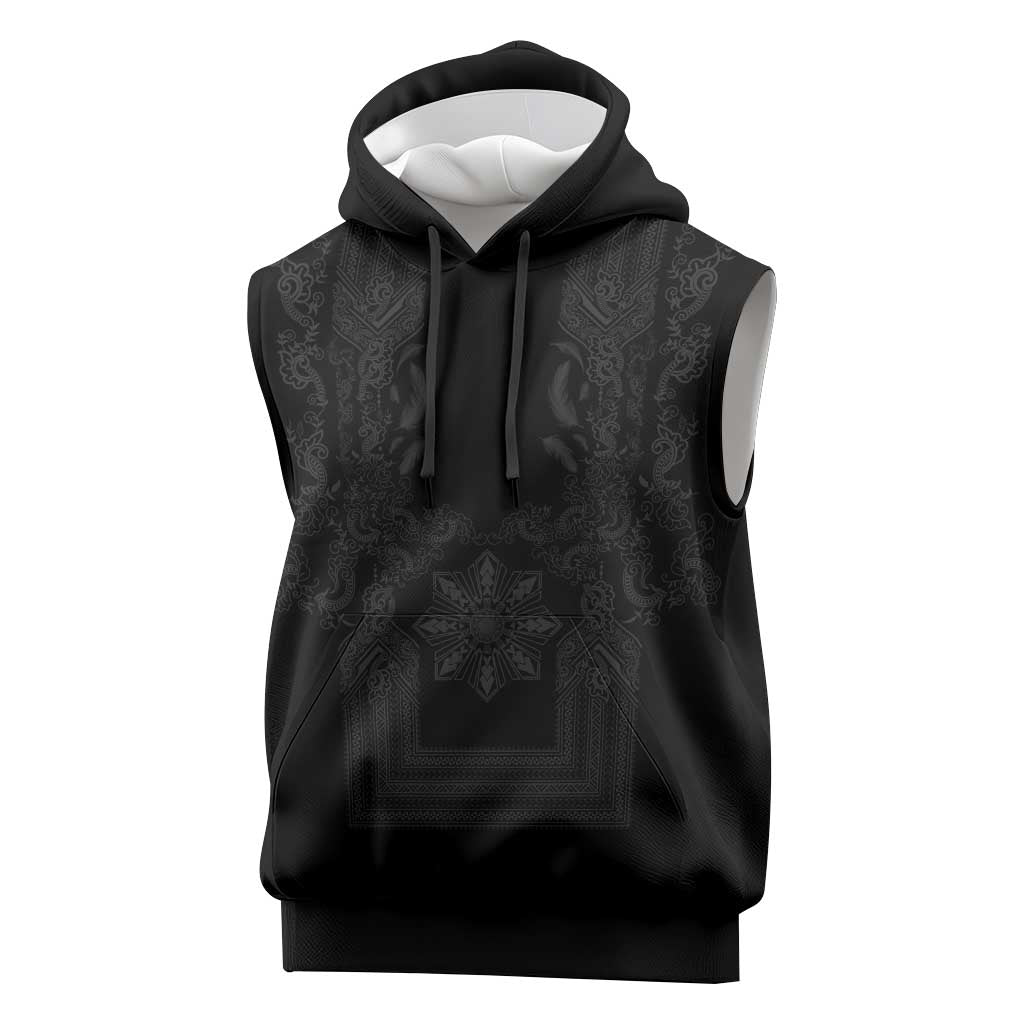 Philippines Barong Style Sleeveless Hoodie with Polynesian Art and Leaf Motif Black Color LT03 Black - Polynesian Pride