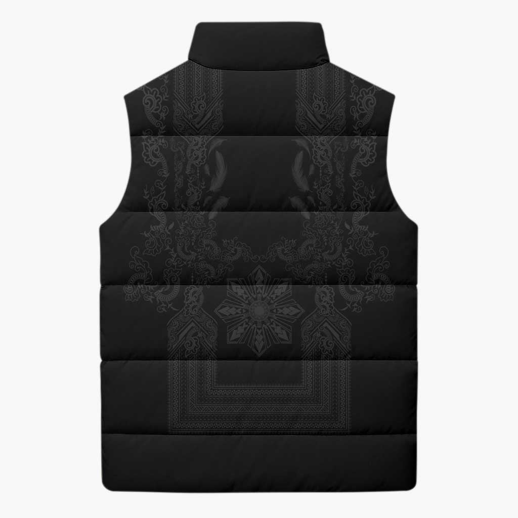 Philippines Barong Style Sleeveless Puffer Jacket with Polynesian Art and Leaf Motif Black Color LT03 - Polynesian Pride