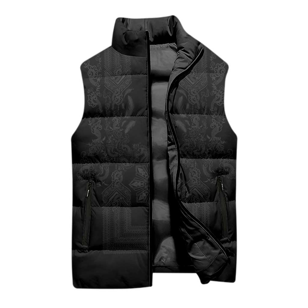 Philippines Barong Style Sleeveless Puffer Jacket with Polynesian Art and Leaf Motif Black Color LT03 - Polynesian Pride