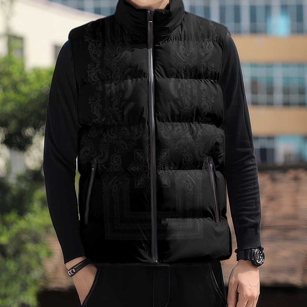 Philippines Barong Style Sleeveless Puffer Jacket with Polynesian Art and Leaf Motif Black Color LT03 - Polynesian Pride