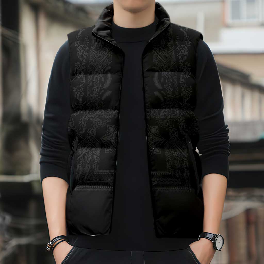 Philippines Barong Style Sleeveless Puffer Jacket with Polynesian Art and Leaf Motif Black Color LT03 - Polynesian Pride
