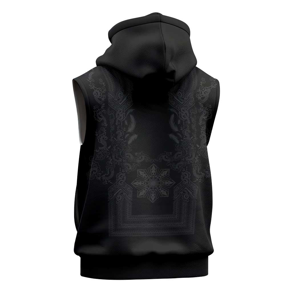 Philippines Barong Style Sleeveless Zip Hoodie with Polynesian Art and Leaf Motif Black Color