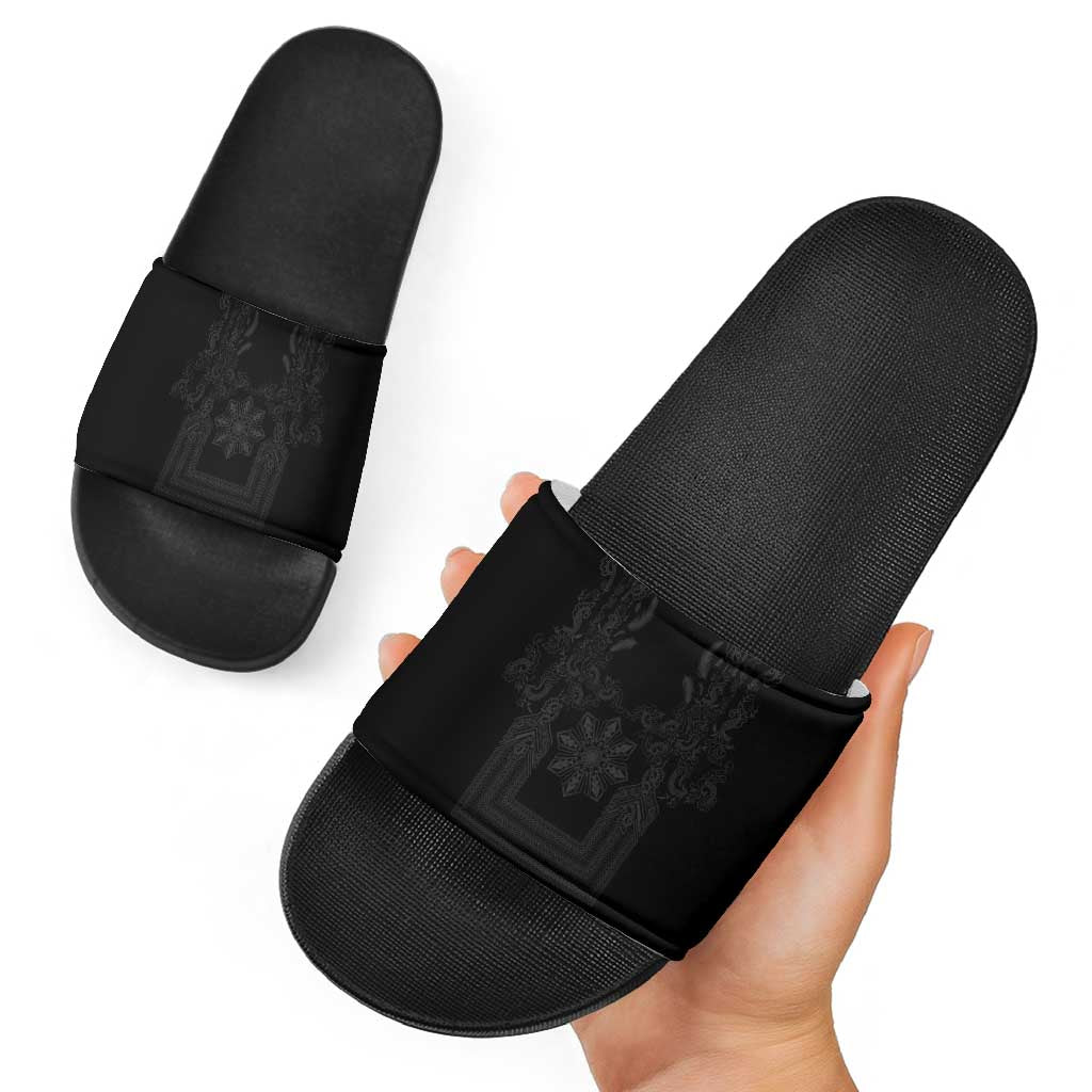Philippines Barong Style Slide Sandals with Polynesian Art and Leaf Motif Black Color LT03 - Polynesian Pride