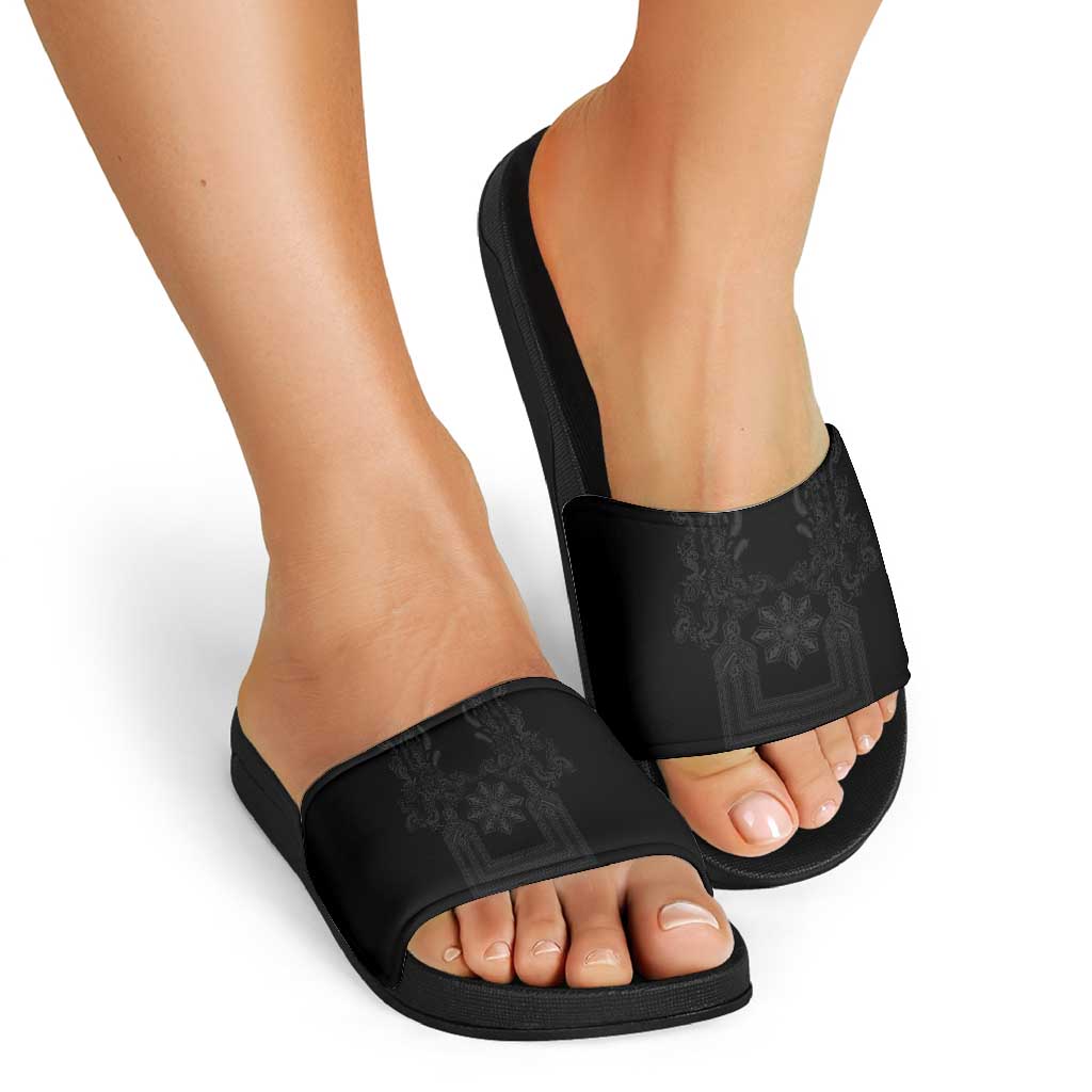 Philippines Barong Style Slide Sandals with Polynesian Art and Leaf Motif Black Color LT03 - Polynesian Pride