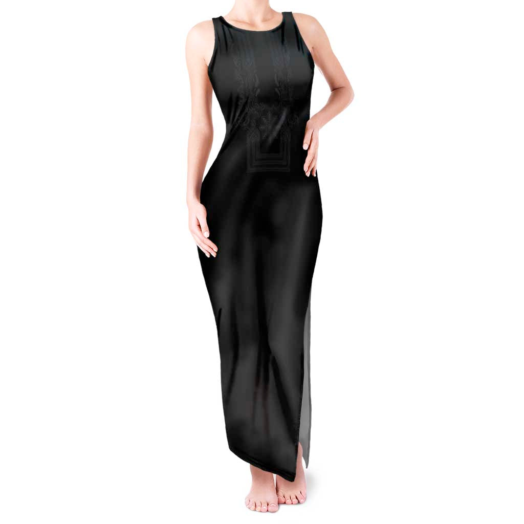 Philippines Barong Style Tank Maxi Dress with Polynesian Art and Leaf Motif Black Color LT03 Women Black - Polynesian Pride