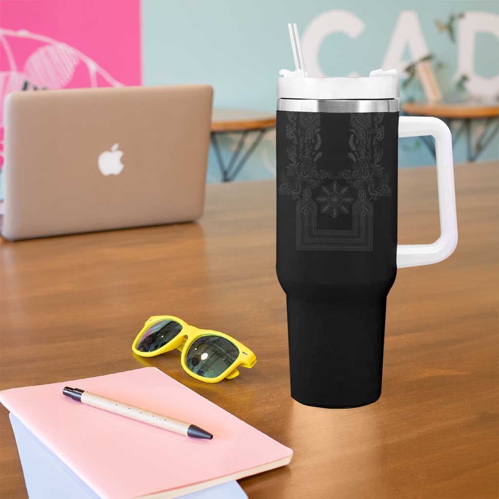 Philippines Barong Style Tumbler With Handle with Polynesian Art and Leaf Motif Black Color LT03 - Polynesian Pride