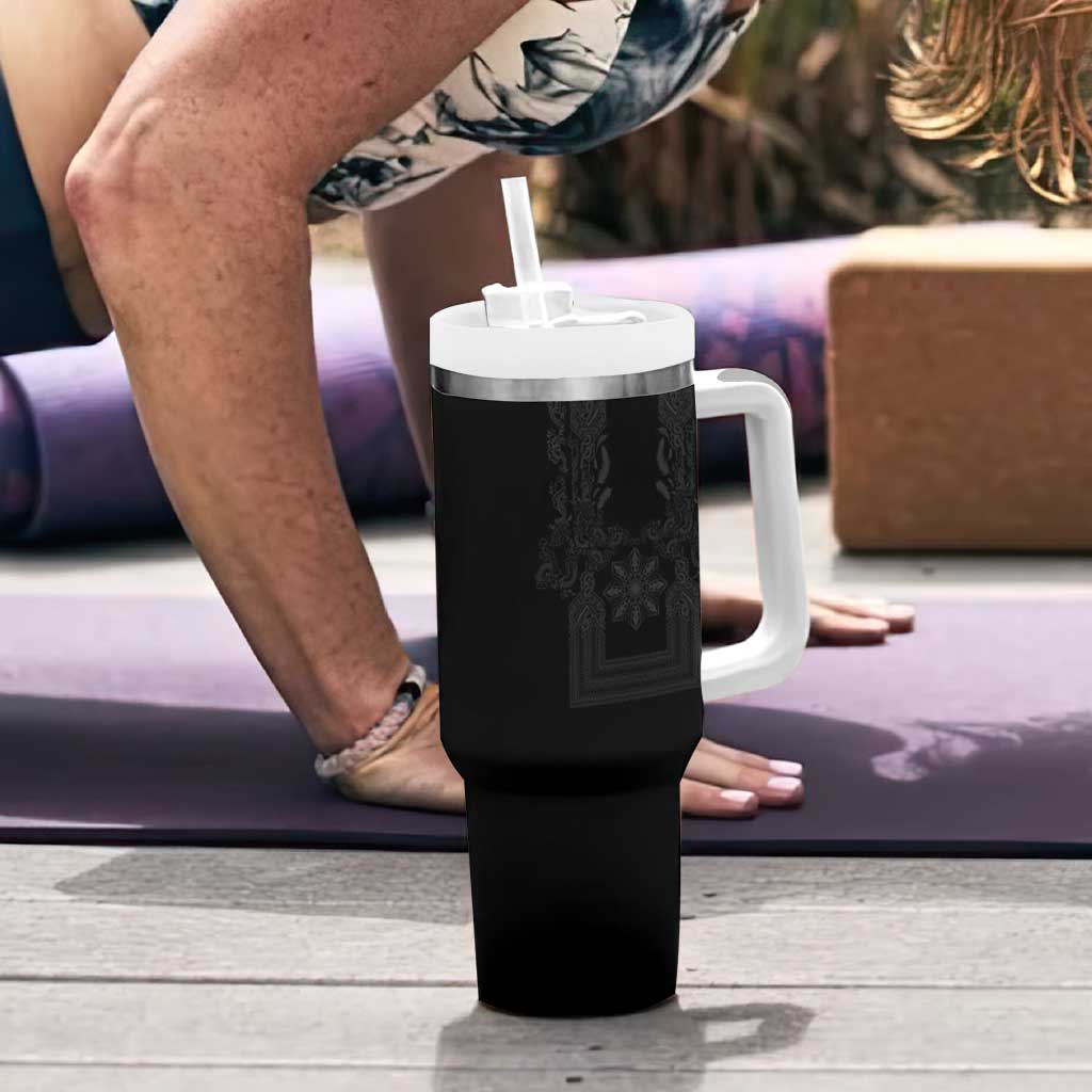 Philippines Barong Style Tumbler With Handle with Polynesian Art and Leaf Motif Black Color LT03 - Polynesian Pride