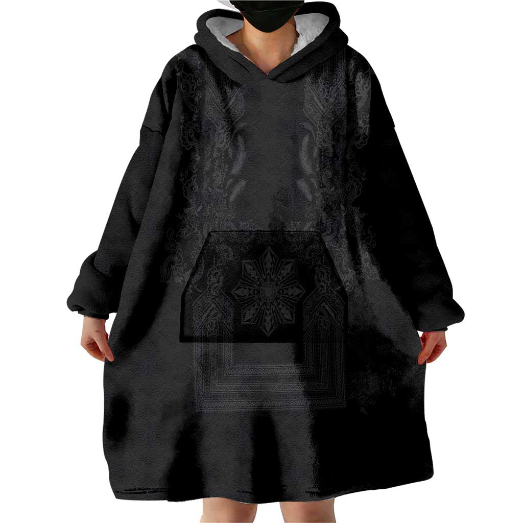 Philippines Barong Style Wearable Blanket Hoodie with Polynesian Art and Leaf Motif Black Color LT03 - Polynesian Pride