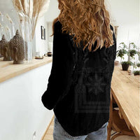 Philippines Barong Style Women Casual Shirt with Polynesian Art and Leaf Motif Black Color LT03 - Polynesian Pride
