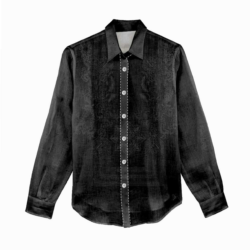 Philippines Barong Style Women Casual Shirt with Polynesian Art and Leaf Motif Black Color LT03 - Polynesian Pride