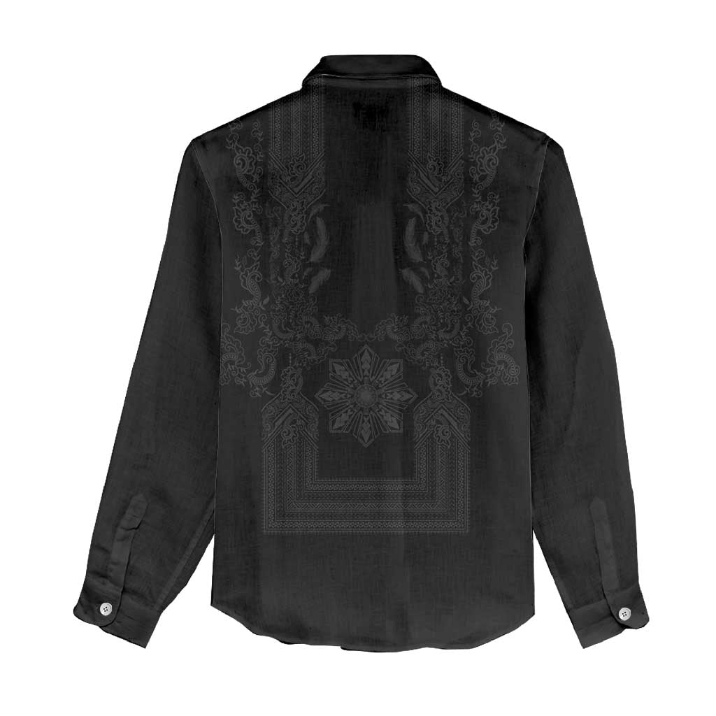 Philippines Barong Style Women Casual Shirt with Polynesian Art and Leaf Motif Black Color LT03 - Polynesian Pride