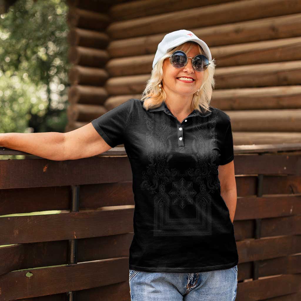 Philippines Barong Style Women Polo Shirt with Polynesian Art and Leaf Motif Black Color LT03 - Polynesian Pride