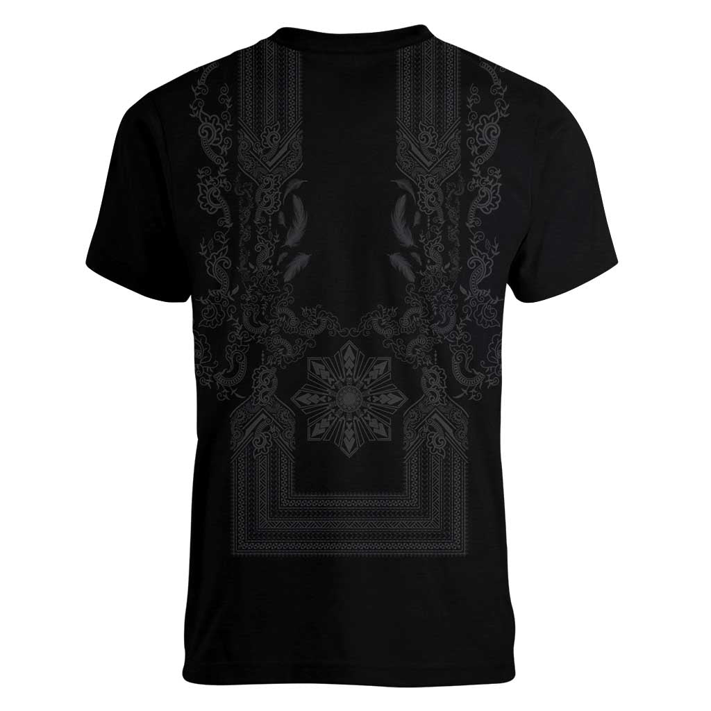 Philippines Barong Style Women V-Neck T-Shirt with Polynesian Art and Leaf Motif Black Color LT03 - Polynesian Pride