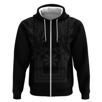Philippines Barong Style Zip Hoodie with Polynesian Art and Leaf Motif Black Color