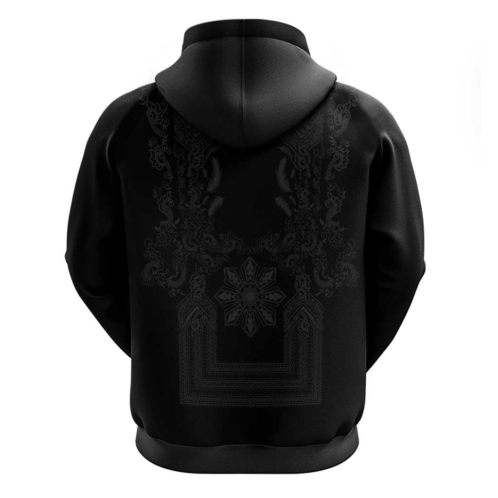 Philippines Barong Style Zip Hoodie with Polynesian Art and Leaf Motif Black Color