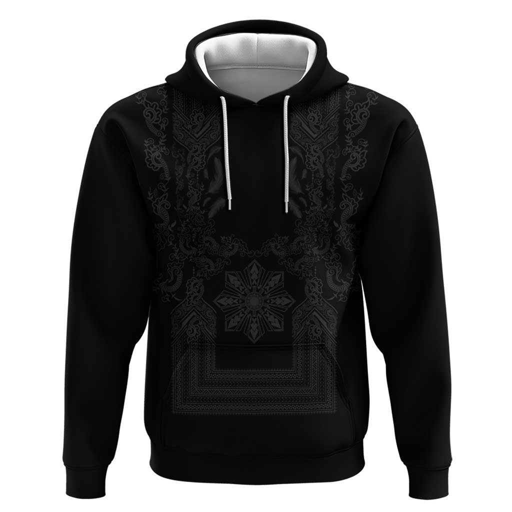 Philippines Barong Style Zip Hoodie with Polynesian Art and Leaf Motif Black Color