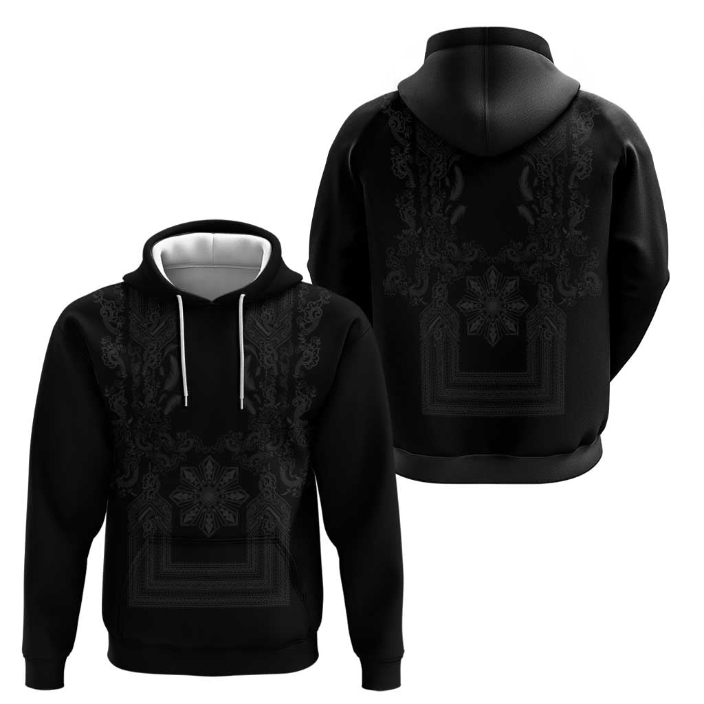 Philippines Barong Style Zip Hoodie with Polynesian Art and Leaf Motif Black Color