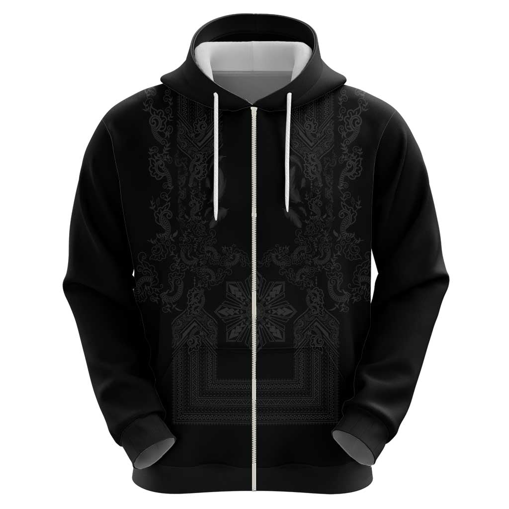 Philippines Barong Style Zip Hoodie with Polynesian Art and Leaf Motif Black Color