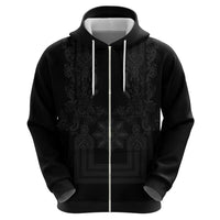 Philippines Barong Style Zip Hoodie with Polynesian Art and Leaf Motif Black Color