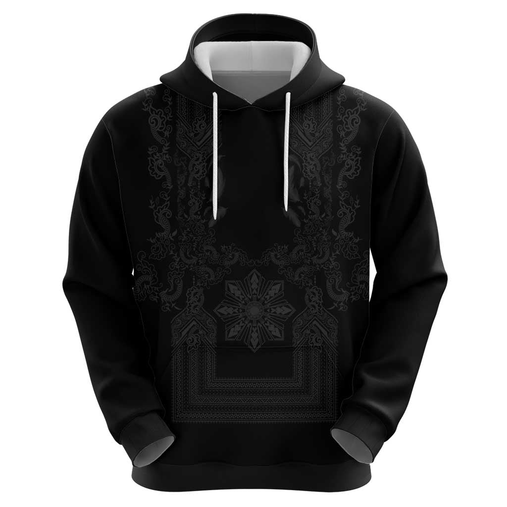 Philippines Barong Style Zip Hoodie with Polynesian Art and Leaf Motif Black Color