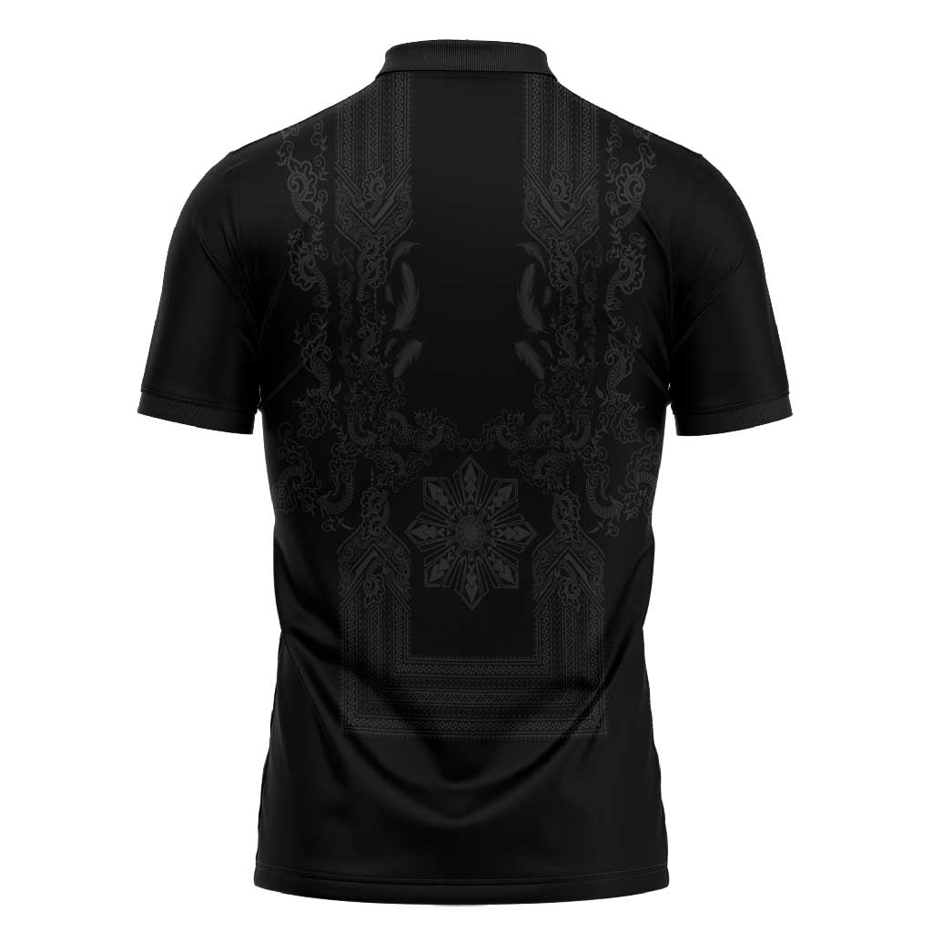 Philippines Barong Style Zipper Polo Shirt with Polynesian Art and Leaf Motif Black Color LT03 - Polynesian Pride