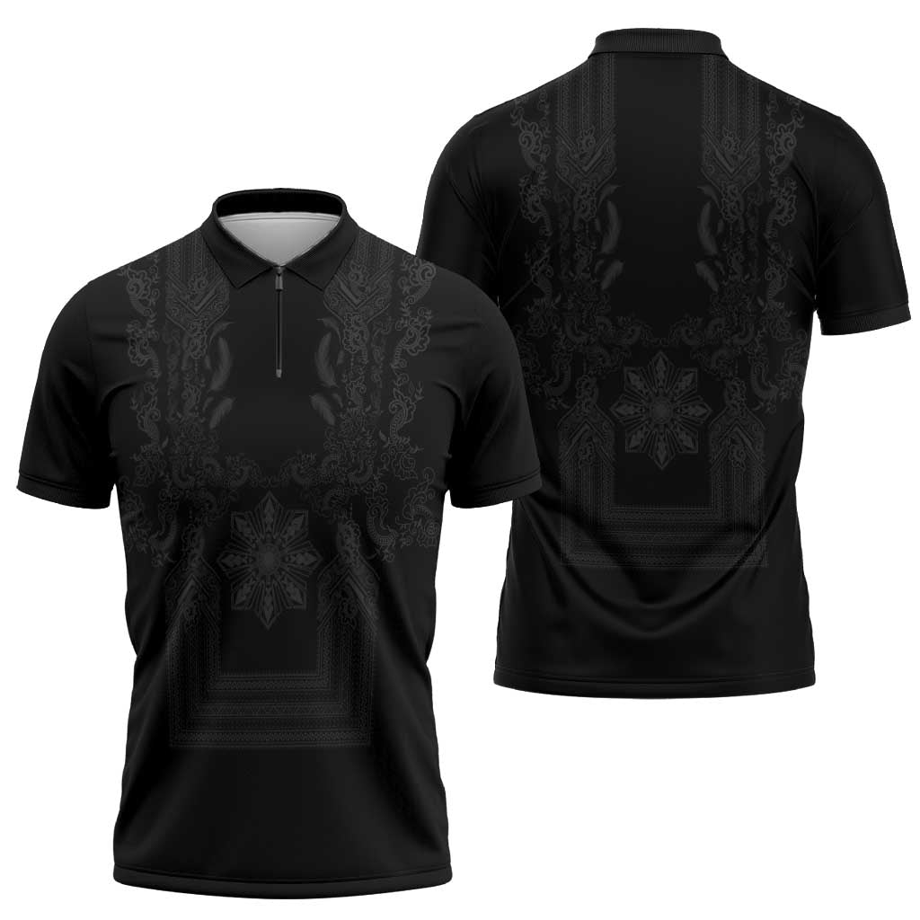 Philippines Barong Style Zipper Polo Shirt with Polynesian Art and Leaf Motif Black Color LT03 - Polynesian Pride
