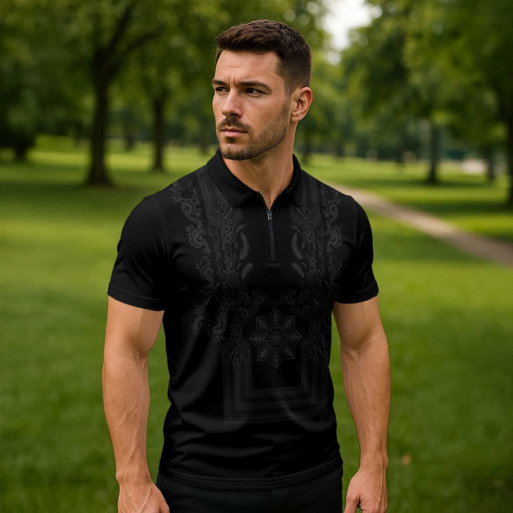 Philippines Barong Style Zipper Polo Shirt with Polynesian Art and Leaf Motif Black Color LT03 - Polynesian Pride