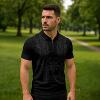 Philippines Barong Style Zipper Polo Shirt with Polynesian Art and Leaf Motif Black Color LT03 - Polynesian Pride
