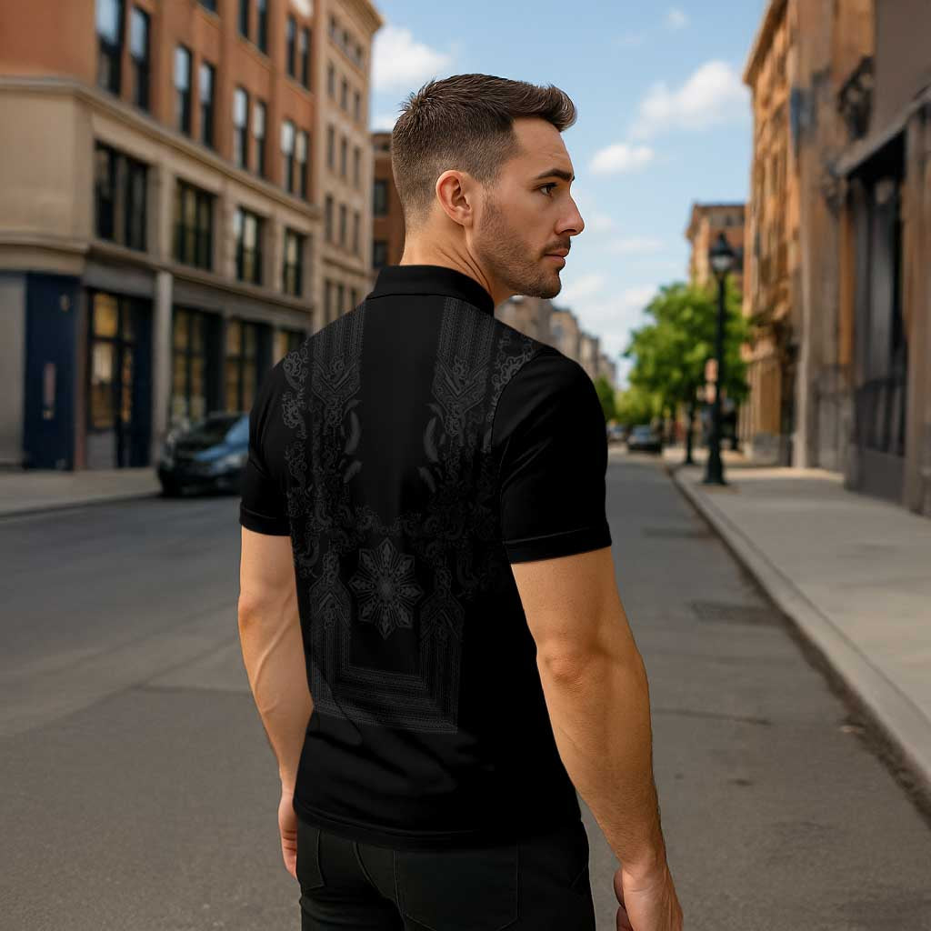 Philippines Barong Style Zipper Polo Shirt with Polynesian Art and Leaf Motif Black Color LT03 - Polynesian Pride