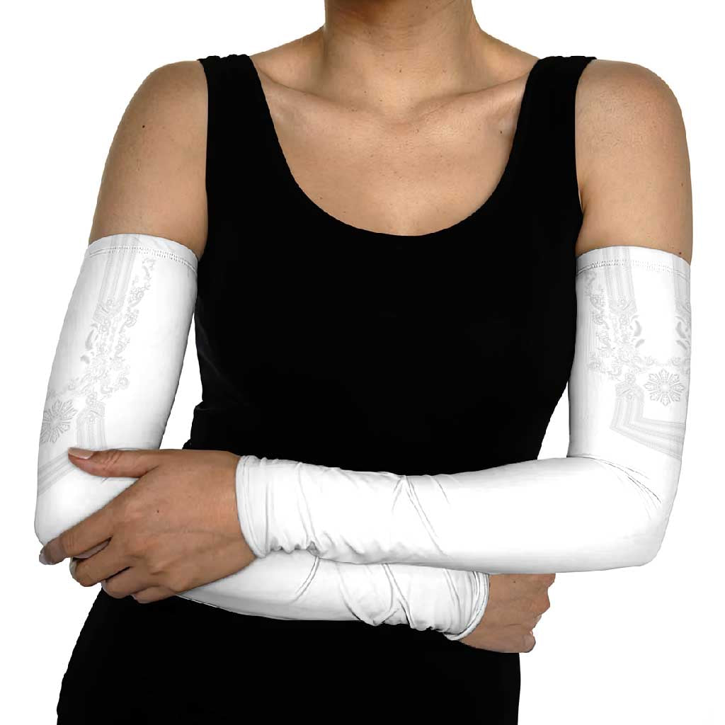 Philippines Barong Style Arm Sleeves with Polynesian Art and Leaf Motif White Color LT03 - Polynesian Pride