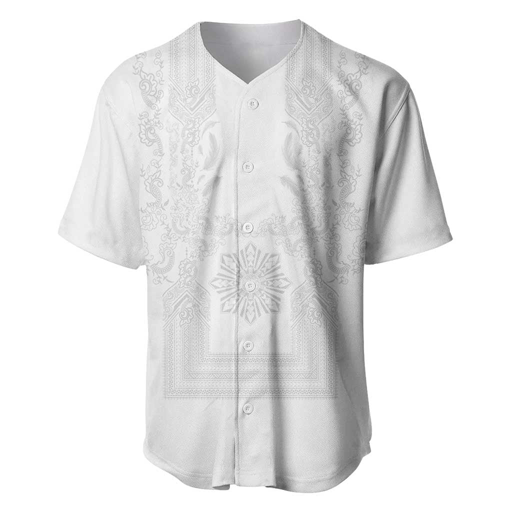 Philippines Barong Style Baseball Jersey with Polynesian Art and Leaf Motif White Color LT03 White - Polynesian Pride