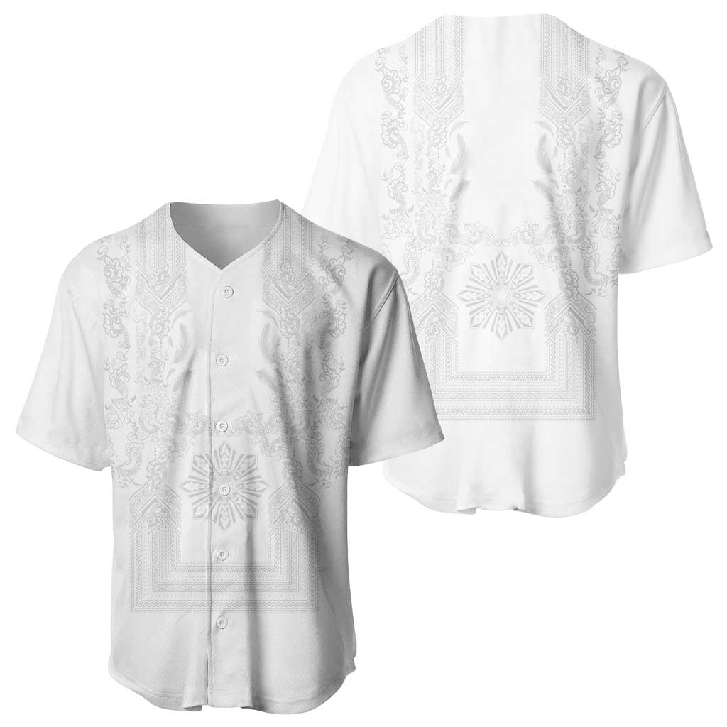 Philippines Barong Style Baseball Jersey with Polynesian Art and Leaf Motif White Color LT03 - Polynesian Pride