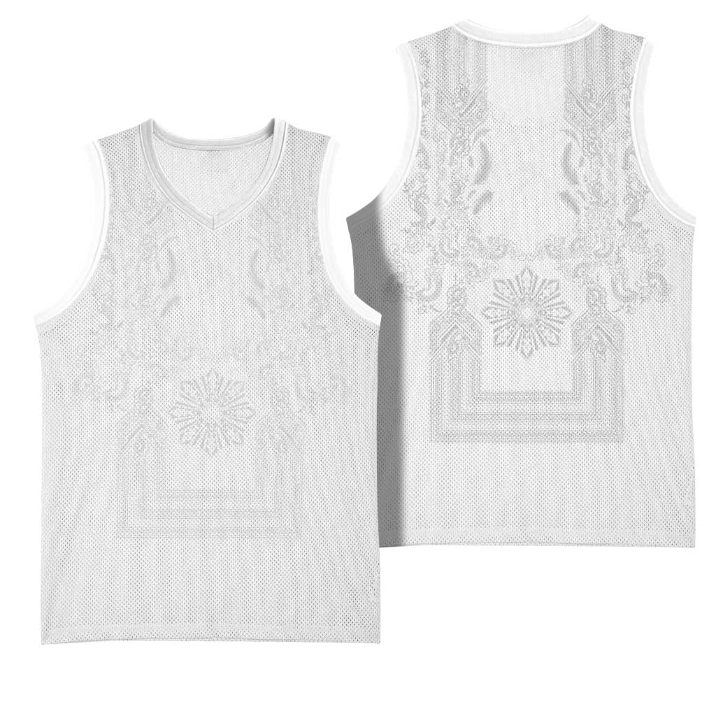 Philippines Barong Style Basketball Jersey with Polynesian Art and Leaf Motif White Color LT03 - Polynesian Pride