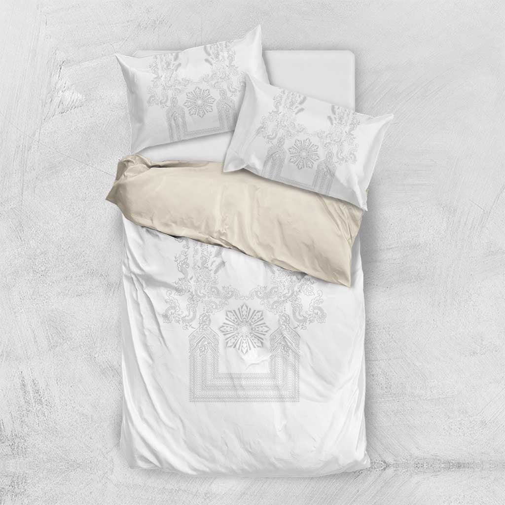 Philippines Barong Style Bedding Set with Polynesian Art and Leaf Motif White Color LT03 US Twin 172cm x 218cm White - Polynesian Pride