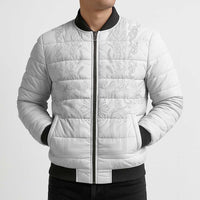 Philippines Barong Style Bomber Puffer Jacket with Polynesian Art and Leaf Motif White Color LT03 - Polynesian Pride