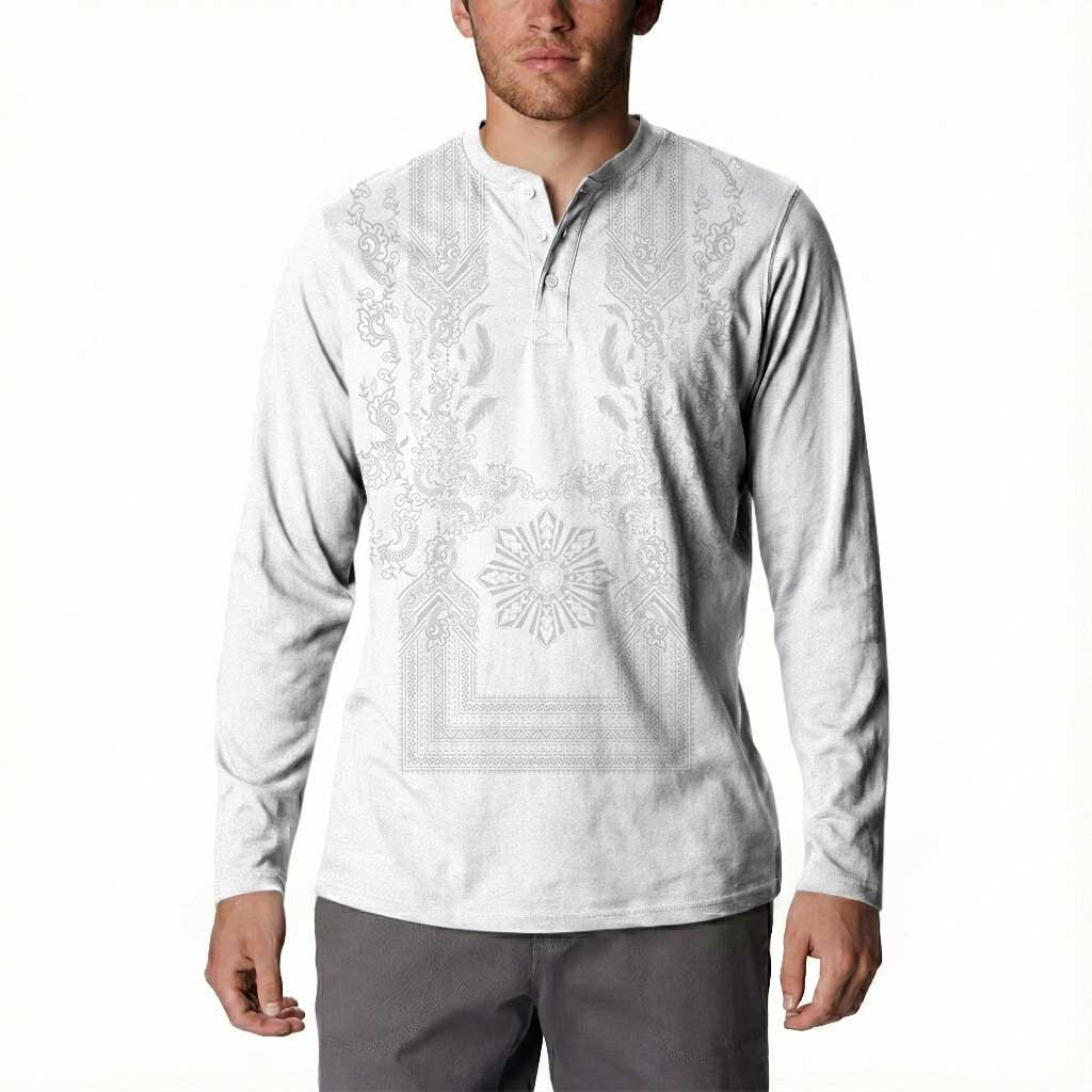 Philippines Barong Style Button Sweatshirt with Polynesian Art and Leaf Motif White Color LT03 - Polynesian Pride