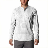 Philippines Barong Style Button Sweatshirt with Polynesian Art and Leaf Motif White Color LT03 - Polynesian Pride