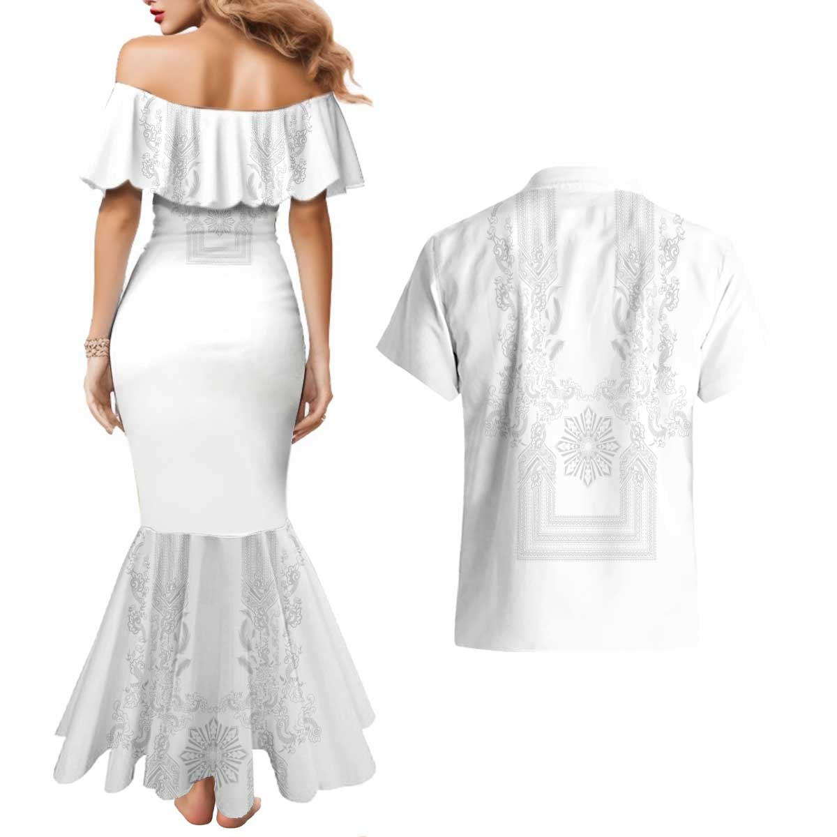 Philippines Barong Style Couples Matching Mermaid Dress and Hawaiian Shirt with Polynesian Art and Leaf Motif White Color