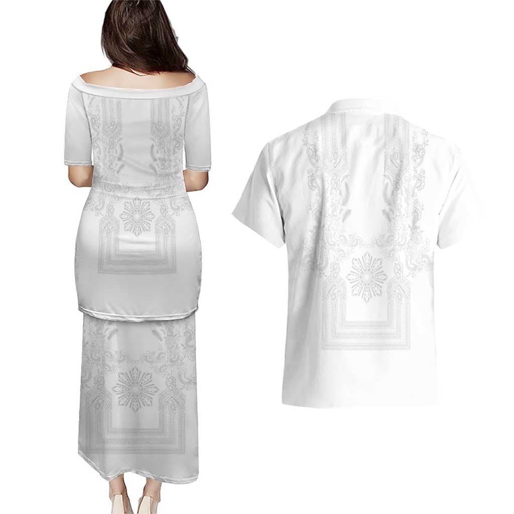 Philippines Barong Style Couples Matching Puletasi and Hawaiian Shirt with Polynesian Art and Leaf Motif White Color