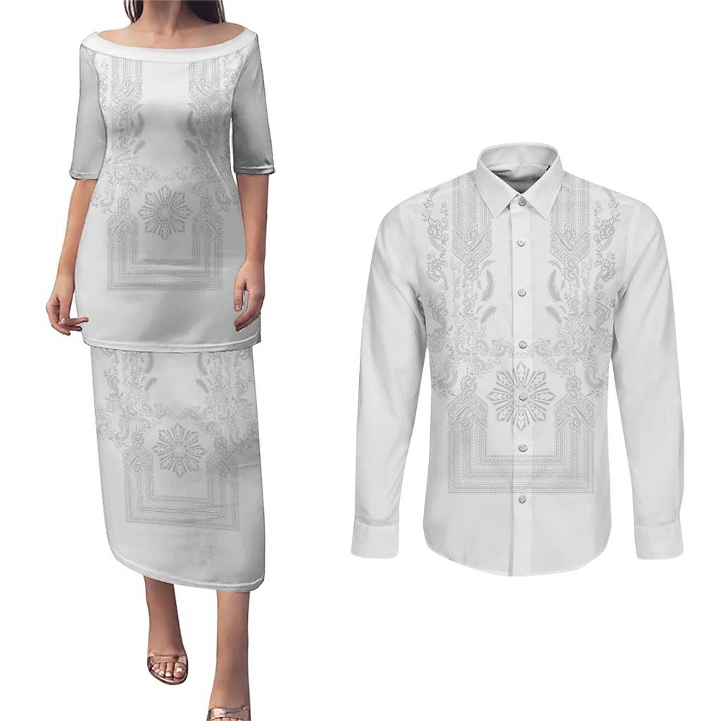 Philippines Barong Style Couples Matching Puletasi and Long Sleeve Button Shirt with Polynesian Art and Leaf Motif White Color LT03 White - Polynesian Pride