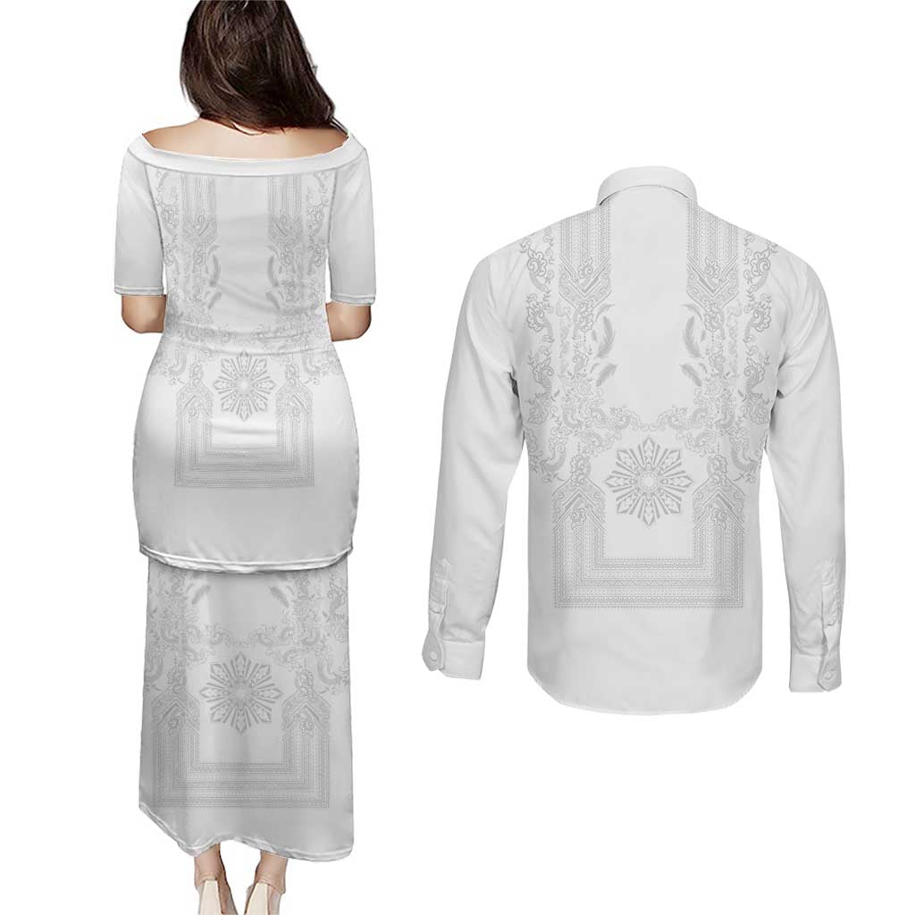 Philippines Barong Style Couples Matching Puletasi and Long Sleeve Button Shirt with Polynesian Art and Leaf Motif White Color LT03 - Polynesian Pride