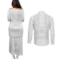 Philippines Barong Style Couples Matching Puletasi and Long Sleeve Button Shirt with Polynesian Art and Leaf Motif White Color LT03 - Polynesian Pride