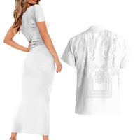 Philippines Barong Style Couples Matching Short Sleeve Bodycon Dress and Hawaiian Shirt with Polynesian Art and Leaf Motif White Color