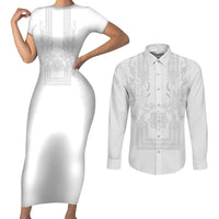 Philippines Barong Style Couples Matching Short Sleeve Bodycon Dress and Long Sleeve Button Shirt with Polynesian Art and Leaf Motif White Color