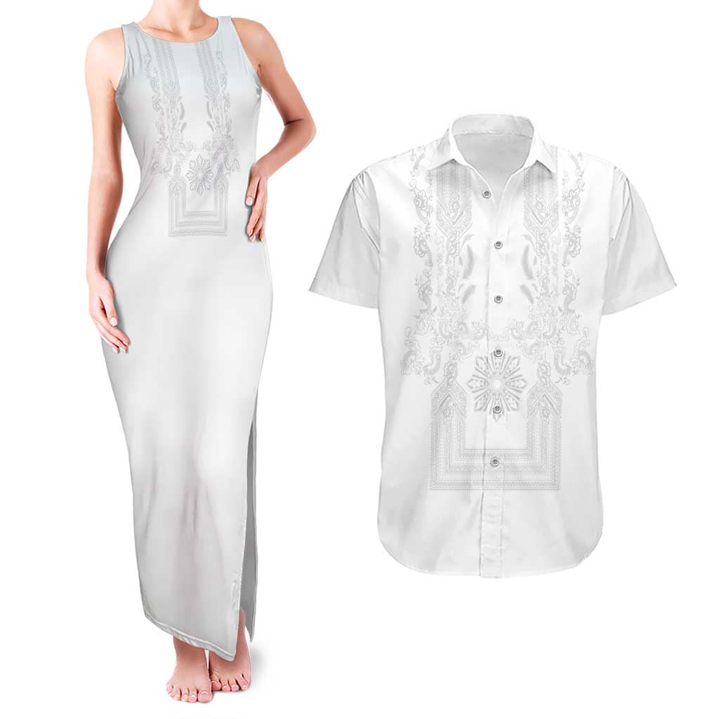 Philippines Barong Style Couples Matching Tank Maxi Dress and Hawaiian Shirt with Polynesian Art and Leaf Motif White Color LT03 White - Polynesian Pride