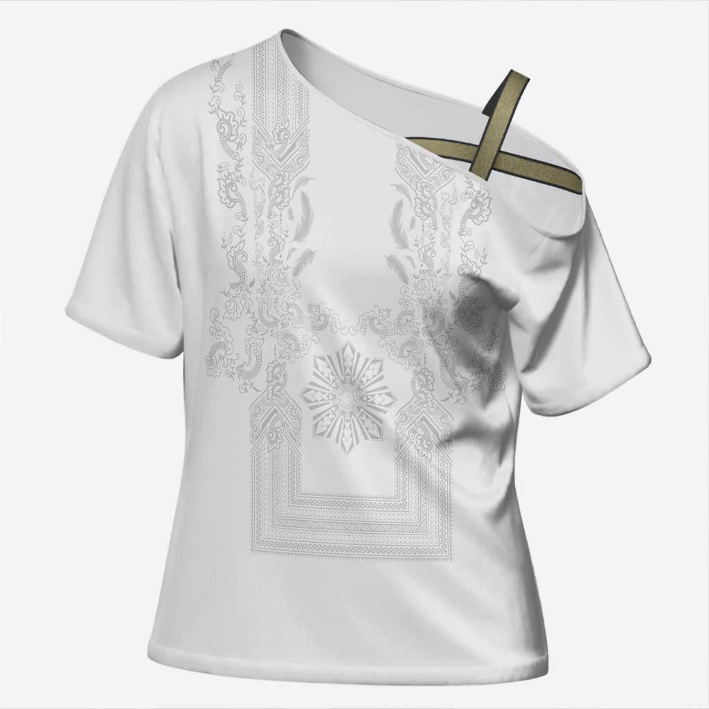 Philippines Barong Style Cross Shoulder Shirt with Polynesian Art and Leaf Motif White Color